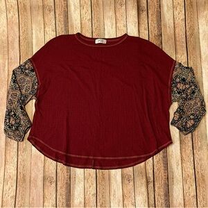 Mod on Trend Women’s Burgundy with Floral Sleeves Waffle Knit Boho Cropped M Top
